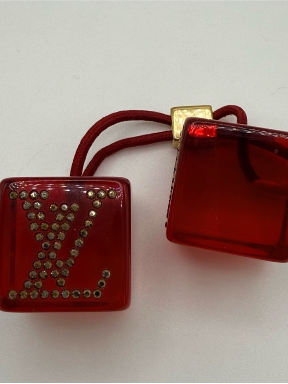 Louis Vuitton Red Logo Cube Hair Tie with Gold Accents - Picture 9 of 10
